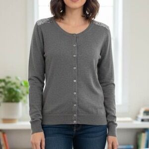 Merona‎ Gray Sequin Button Front Cardigan Sweater Crew Neck Long Sleeve S